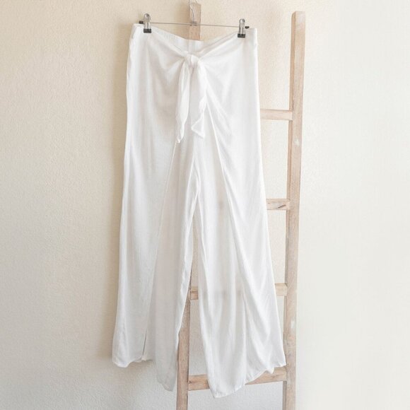 Kona Sol Swim Pants Sz XL White Gauzy CoverUp Flowy Tie Front Split Hem Boho - Picture 2 of 4